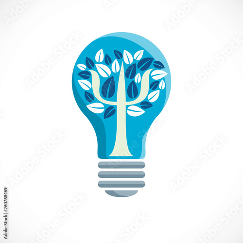 Psychology concept vector logo or icon created with Greek Psi symbol as a tree with leaves inside of idea light bulb, mental health concept, psychoanalysis analysis and psychotherapy therapy.