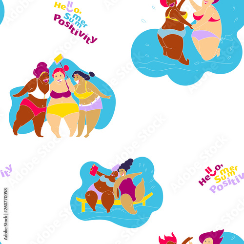 Seamless pattern Happy Fat Girl on the Beach