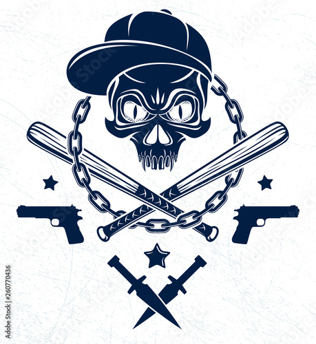 Brutal gangster emblem or logo with aggressive skull baseball bats and other weapons and design elements, vector anarchy crime or terrorism retro style, ghetto revolutionary.