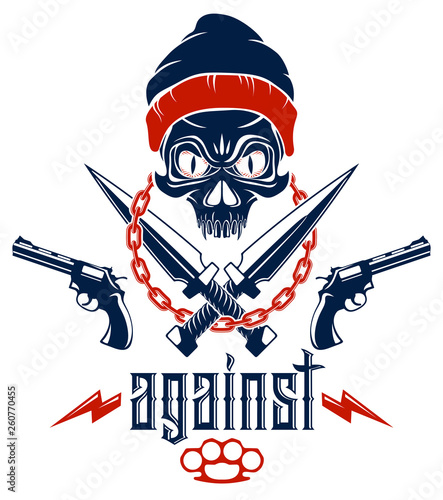 Anarchy and Chaos aggressive emblem or logo with wicked skull, weapons and different design elements , vector vintage scull tattoo, rebel gangster criminal and revolutionary.