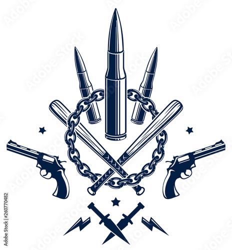 Revolution and War vector emblem with bullets and guns, logo or tattoo with lots of different design elements, riot partisan warrior, criminal and anarchist style, social tension theme.