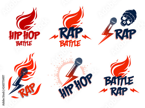 Rap music vector logos or emblems set with microphone in hand flames and lightning bolt, hot Hip Hop rhymes festival concert or night club party labels, t-shirt prints.