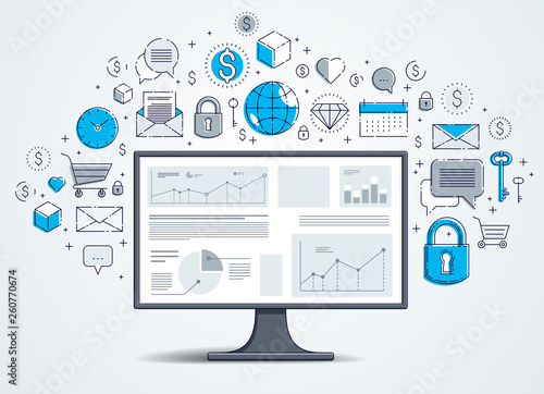 Computer monitor with statistics infographics and set of icons, online business, internet electronic finances, vector design.