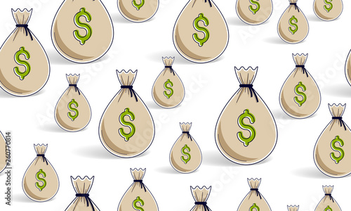 Money bags seamless background, backdrop for financial business website or economical theme ads and information, vector wallpaper or web site background.