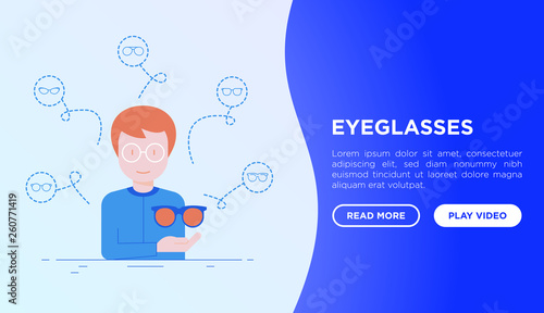 Eyeglasses shop concept: Man is trying on different eyeglasses. Gradient flat and thin line icons: sunglasses, sport glasses, rectangular, aviator. Modern vector illustration, web page template.