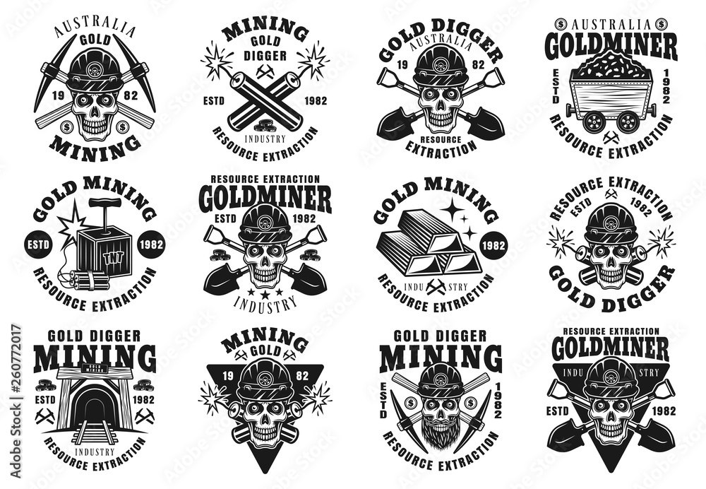 Fototapeta premium Gold mining big set of twelve vector black emblems