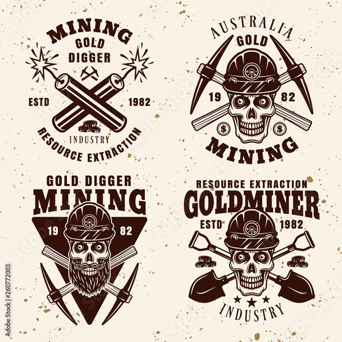 Gold digging industry set of vector emblems
