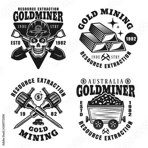 Gold mining set of four vector monochrome emblems