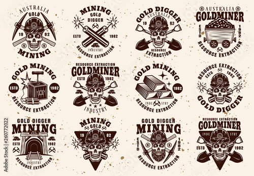 Gold mining industry set of vintage vector emblems