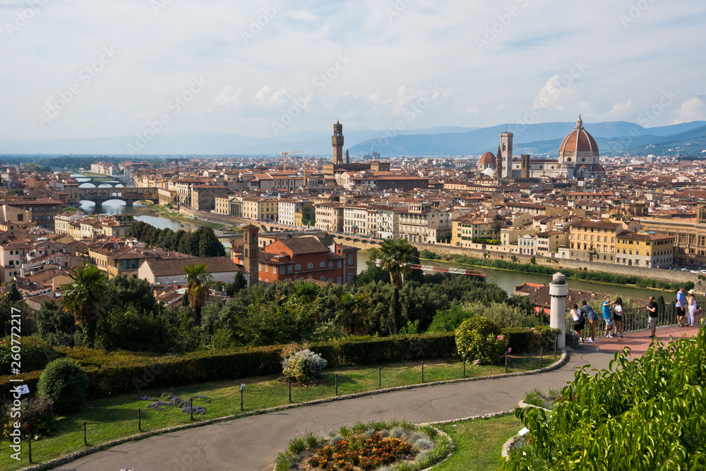 Panoramic view of Florence with Palazzo Vecchio, Santa Maria del Fiore cathedral and other landmarks, Tuscany, Italy