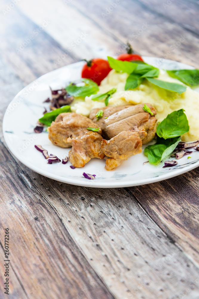 potato puree, pork cuff filet and cepes sauce potato puree, pork cuff filet and cepes sauce