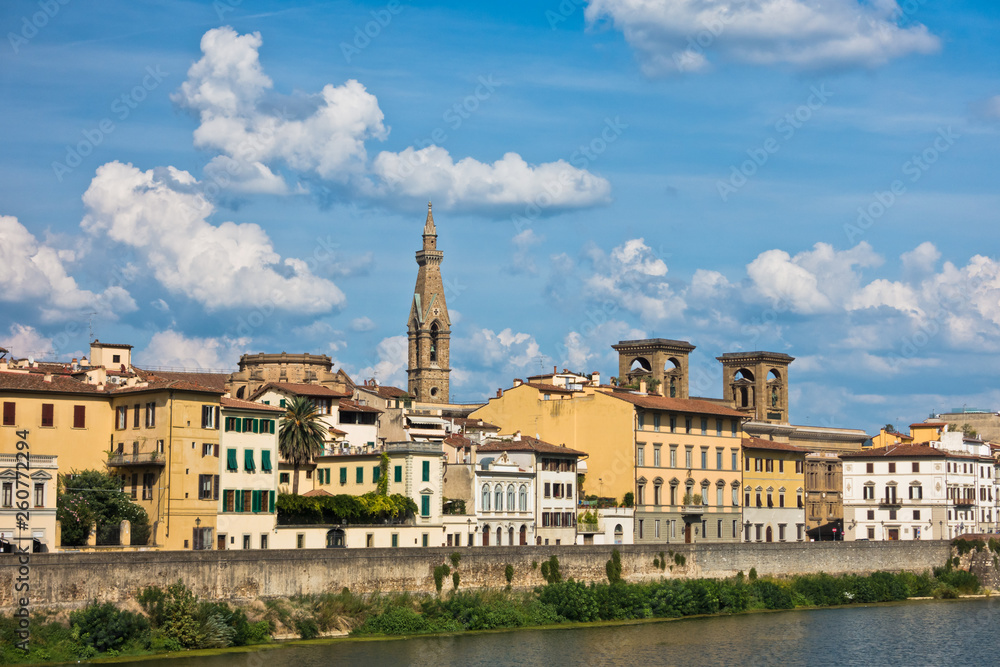 Architecture along river Arno near Ponte Vecchio bridge in Florence, Tuscany, Italy