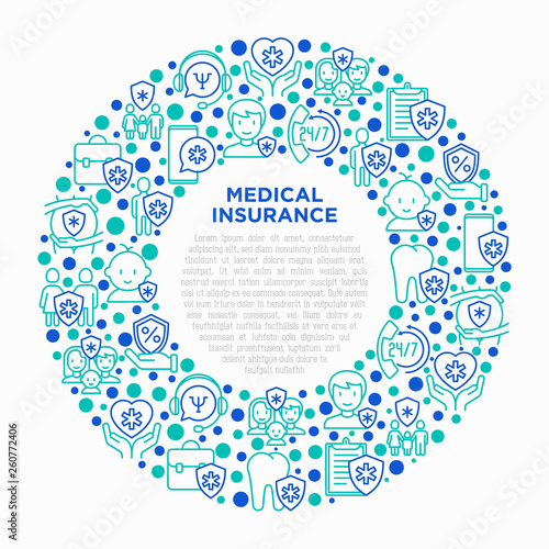 Medical insurance concept in circle thin line icons: policy, life insurance, psychological support, maternity program, 24/7 support, mobile app, telemedicine. Modern vector illustration