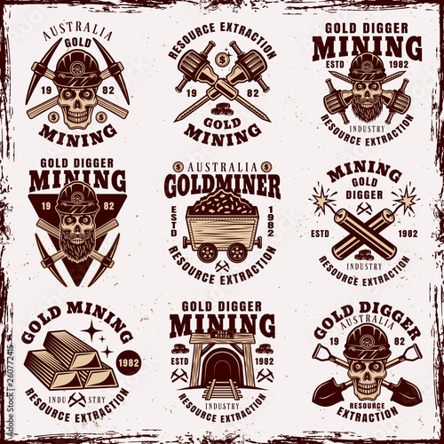 Gold mining, resource extraction vintage emblems