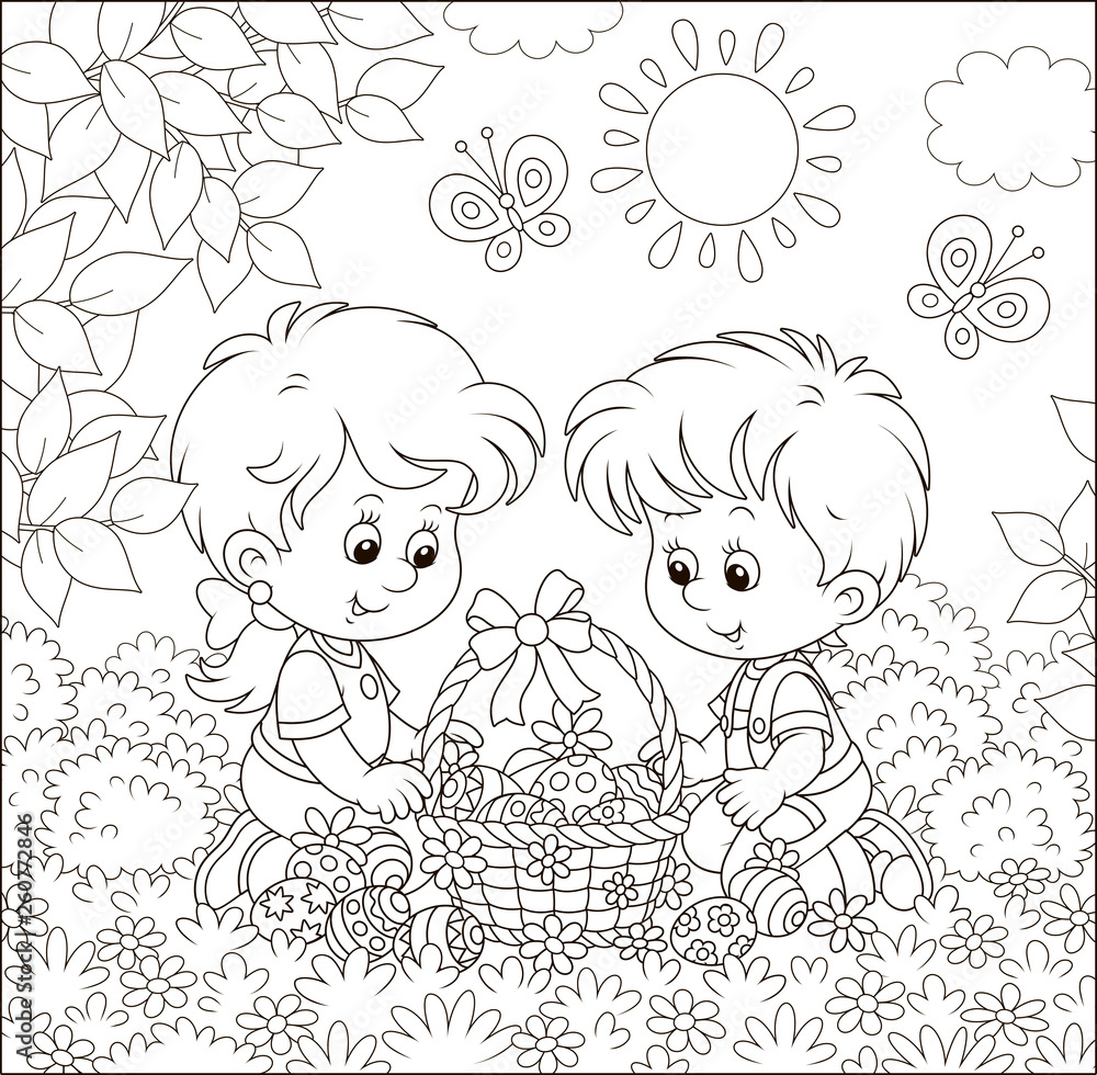 Fototapeta Małe dzieci ze zdobionym wielkanocnym koszykiem malowanych jajek wśród kwiatów w słoneczny wiosenny dzień, czarno-biała ilustracja wektorowa w stylu kreskówki dla kolorowanka