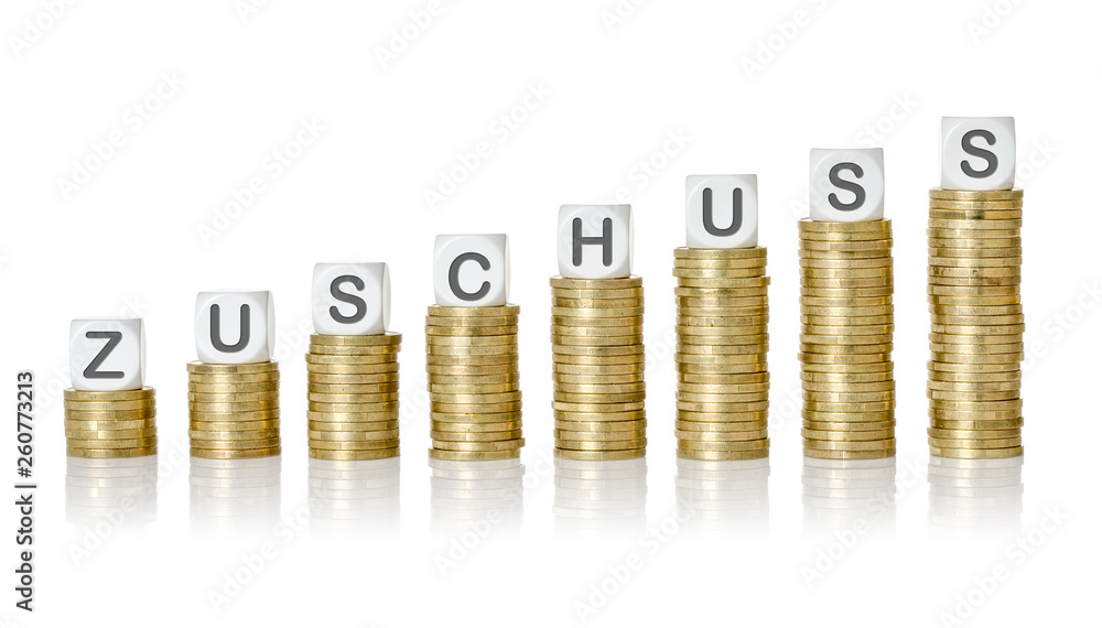 Münzstapel mit Buchstabenwürfeln - Zuschuss Münzstapel mit Buchstabenwürfeln - Zuschuss