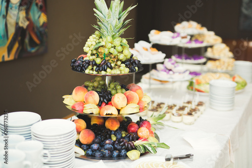 Different kinds of baked sweets on a buffet