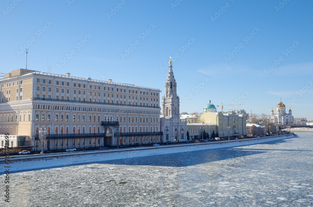 Winter view of the Sofiyskaya embankment from the Bolshoy Moskvoretsky bridge. Moscow, Russia
