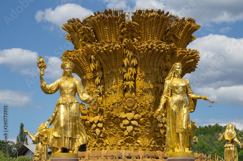 Moscow, Russia - June 26, 2018: "Friendship of peoples" Fountain at VDNH. Fragment with sculptures of the Lithuanian and Georgian republics