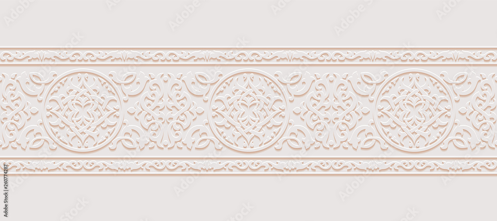 Ornamental monochrome floral patterned stone relief in arabic architectural style of islamic mosque, greeting card for Ramadan Kareem