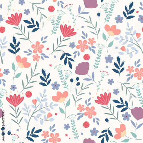 Vector floral pattern in doodle style with flowers and leaves on white background. Gentle  spring floral background.Can be used for kid s or baby s shirt design  fashion print.
