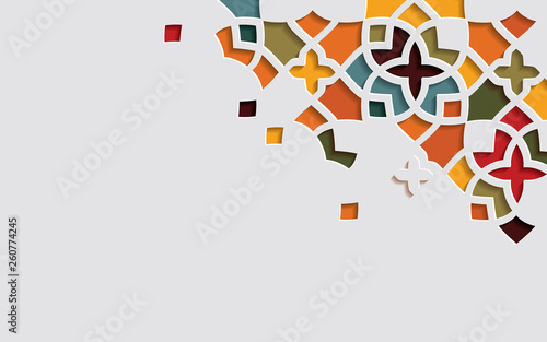 Ornamental colorful patterned stone relief in arabic architectural style of islamic mosque,greeting card for Ramadan Kareem