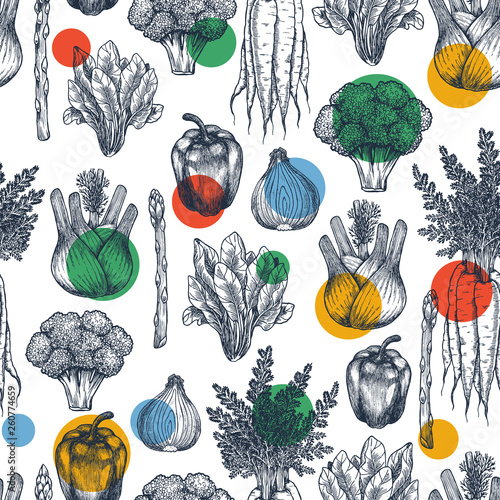 Fun vegetables seamless pattern. Broccoli, carrot, onion, pepper, spinach, asparagus, fennel engraved vintage illustration. Vector illustration