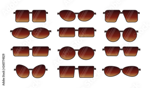 Vector illustration of summer frameless sunglasses. Flat icon set. Various shapes of sun protection rimless eye glasses. Isolated objects