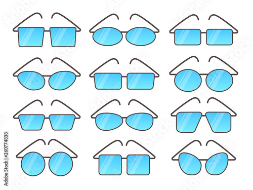 Vector illustration of frameless glasses. Flat icon set of reading rimless eyeglasses. Isolated objects