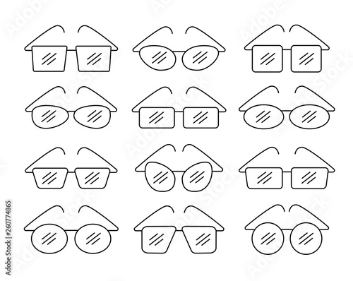Vector illustration of frameless glasses. Line icon set of reading rimless eyeglasses. Isolated objects