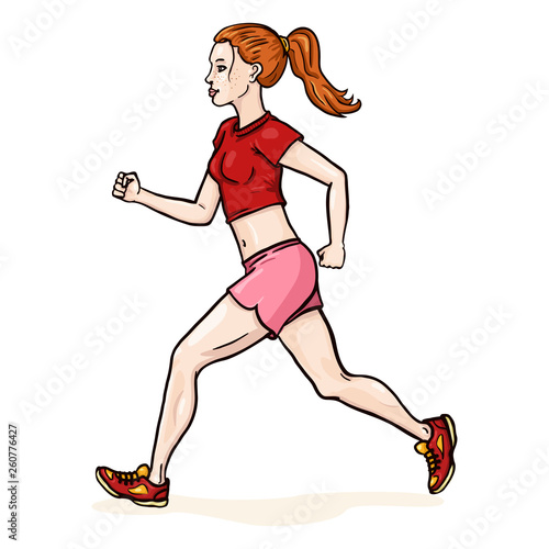 Vector Cartoon Female Character. Jogging Red Hair Young Woman.