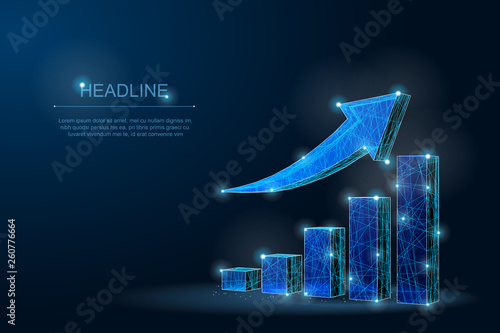 Abstract polygonal growth chart with climbing arrow with dots and stars