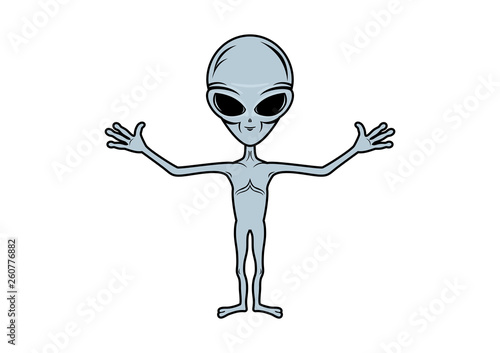 Funny gray Alien with open arms cartoon character. Alien gray man icon vector isolated on a white background. Smiling Extraterrestrial drawing