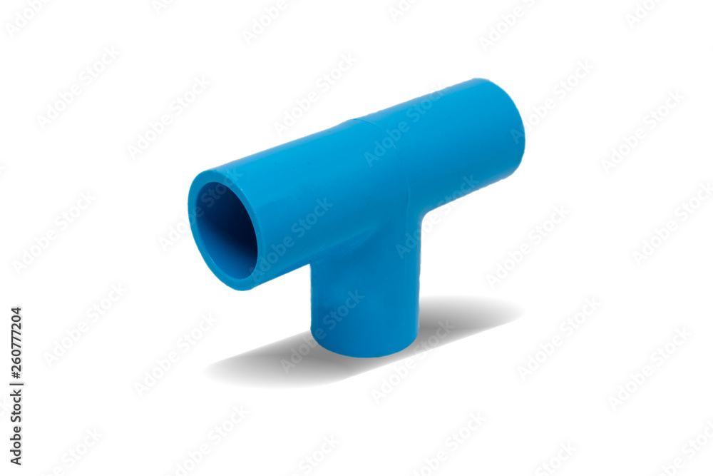 PVC Blue pipe T-joints fittings isolated white background with shadow. PVC Blue pipe T-joints fittings isolated white background with shadow.