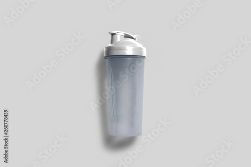 Empty Shaker for sports nutrition closeup isolated on soft gray background.Sports Water Bottle Mock up. Front view. 3D rendering.