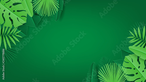 Green banner with tropical leaves. Vector illustration with tropical leaves in paper cut style on green background.