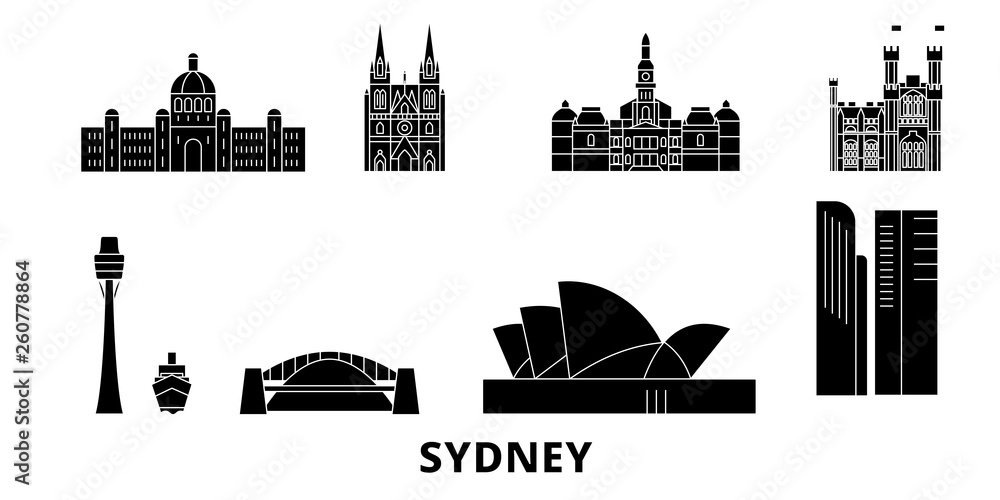 Naklejka premium Australia, Sydney płaski zestaw panoramę podróży. Australia, czarna panorama wektor miasta Sydney, ilustracja, zabytki turystyczne, zabytki, ulice.