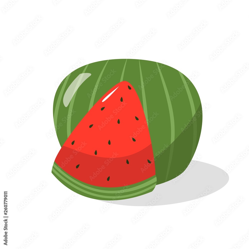 Ripe slice and whole watermelon isolated cartoon style on white background vector illustration Ripe slice and whole watermelon isolated cartoon style on white background vector illustration