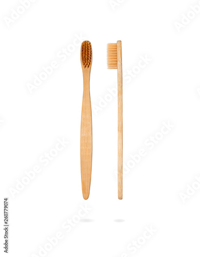 Two bamboo toothbrushes isolated on white background. Natural eco zero waste concept. Design element.