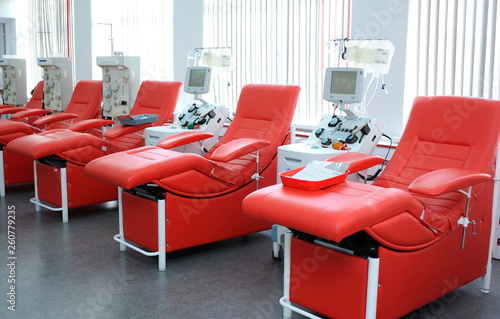 Separating apparatus and daybeds set at the City (municipal) blood transfusion station for taking blood from donors photo