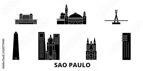 Brazil, Sao Paulo flat travel skyline set. Brazil, Sao Paulo black city vector panorama, illustration, travel sights, landmarks, streets.