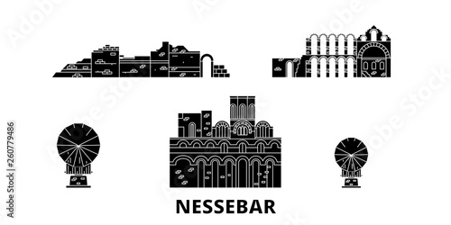 Bulgaria, Nessebar flat travel skyline set. Bulgaria, Nessebar black city vector panorama, illustration, travel sights, landmarks, streets.