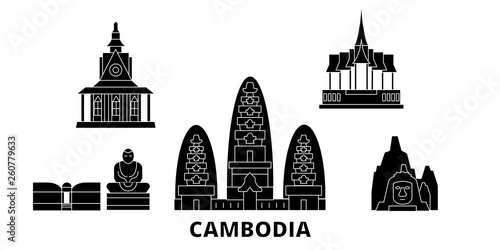 Cambodia flat travel skyline set. Cambodia black city vector panorama, illustration, travel sights, landmarks, streets.