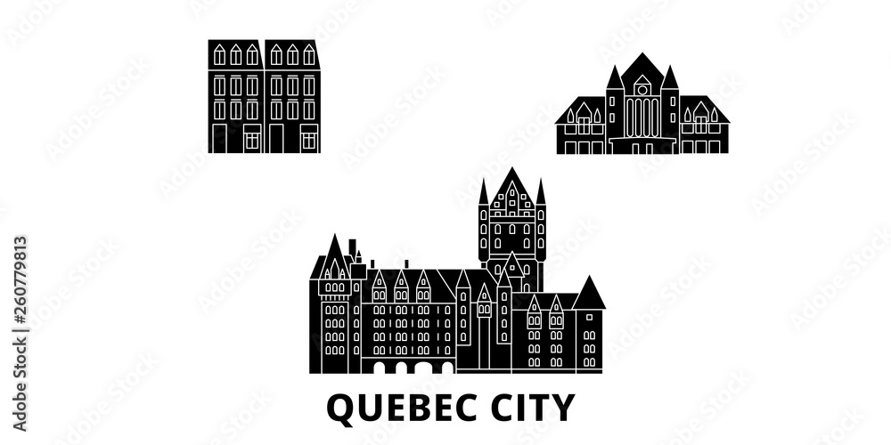 Canada, Quebec City flat travel skyline set. Canada, Quebec City black city vector panorama, illustration, travel sights, landmarks, streets.