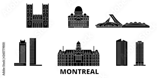 Canada, Montreal flat travel skyline set. Canada, Montreal black city vector panorama, illustration, travel sights, landmarks, streets.