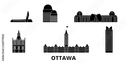 Canada, Ottawa flat travel skyline set. Canada, Ottawa black city vector panorama, illustration, travel sights, landmarks, streets.