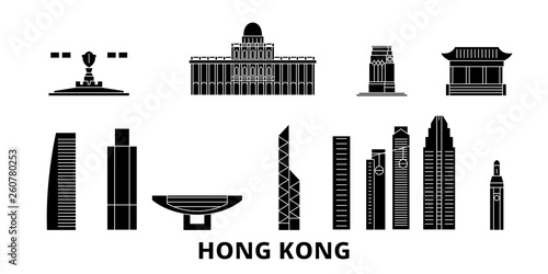 China, Hong Kong City flat travel skyline set. China, Hong Kong City black city vector panorama, illustration, travel sights, landmarks, streets.