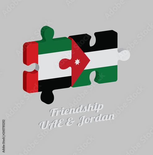 Jigsaw puzzle 3D of UAE flag and Jordan flag with text: Friendship UAE & Jordan. Concept of Friendly between both countries.