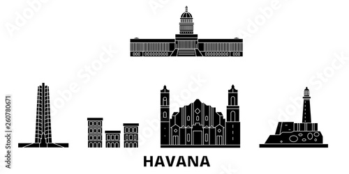 Cuba, Havana flat travel skyline set. Cuba, Havana black city vector panorama, illustration, travel sights, landmarks, streets.