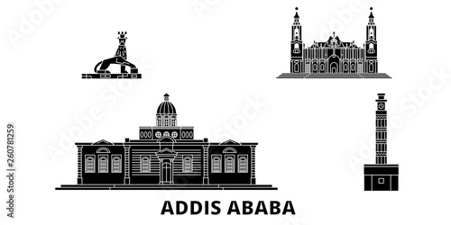 Ethiopia, Addis Ababa flat travel skyline set. Ethiopia, Addis Ababa black city vector panorama, illustration, travel sights, landmarks, streets.